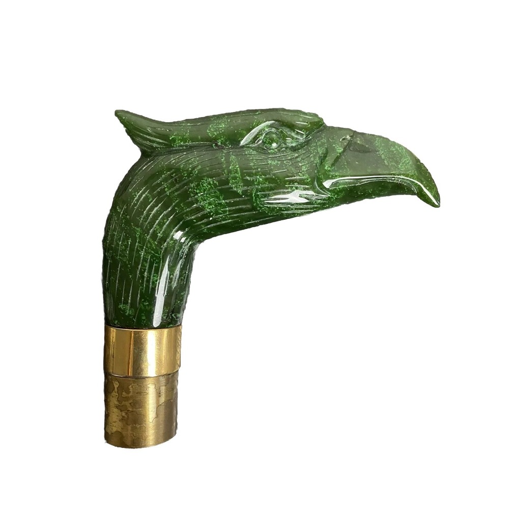 Antique Carved Jadeite Bird of Prey Brass Walking Stick Handle Raptor Cane Eagle